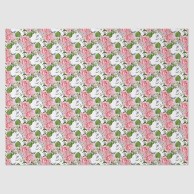 Pink Roses, Feminine Summer Flowers Tissue Paper (Front)