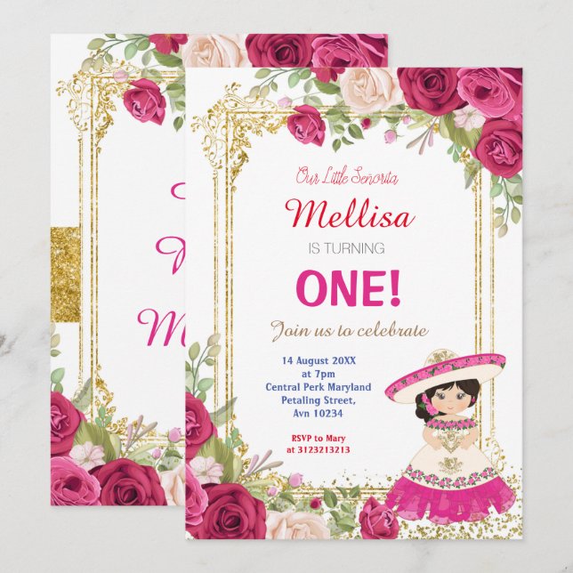Pink Roses Fiesta Birthday Party Invitation (Front/Back)
