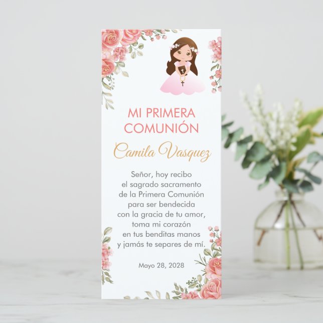 Pink Roses  First Communion Bookmark in Spanish (Standing Front)