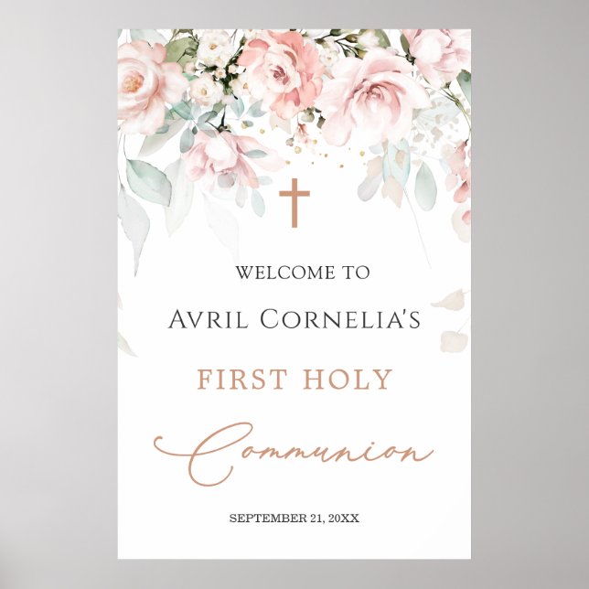 Pink Roses First Holy Communion Welcome Sign (Front)