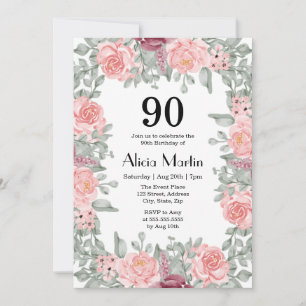 Pink Roses Flora Greenery White 90th Birthday Invitation