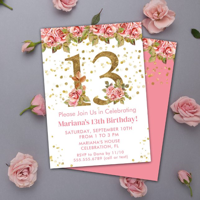 Pink Roses Floral 13th Birthday Party Invitation (Creator Uploaded)