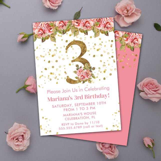 Pink Roses Floral 3rd Birthday Party Invitation (Creator Uploaded)