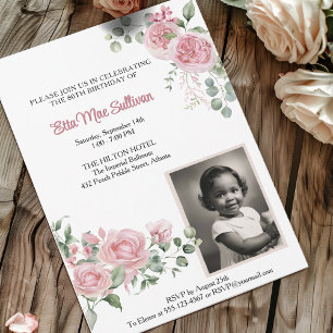 Pink Roses Floral 80th birthday Photo Invitation