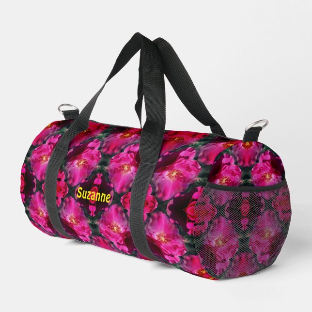 Pink Roses Floral Abstract Personalized Duffle Bag (Right Corner)