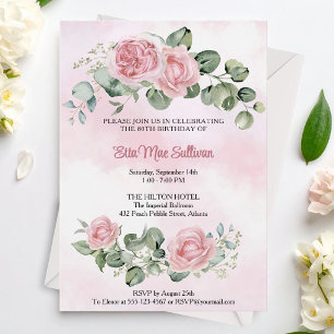 Pink roses floral and greenary 80th birthday invitation