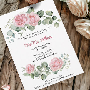 Pink roses floral and greenary 80th birthday invitation