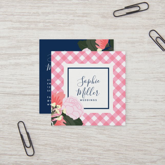 Pink Roses Floral and Pink Gingham Square Business Card (Front/Back In Situ)