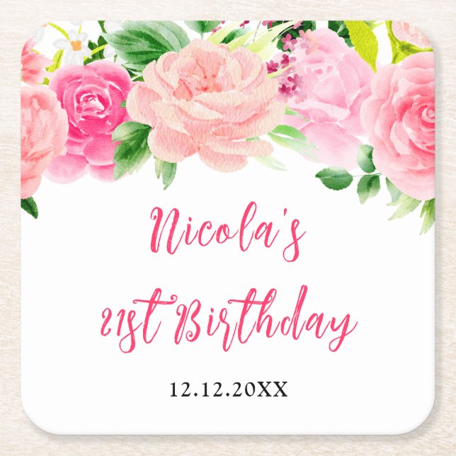 Pink Roses Floral Birthday Square Paper Coaster (Front)