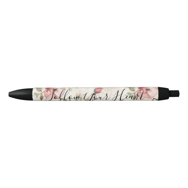 Pink Roses Floral  Black Ink Pen (Front)
