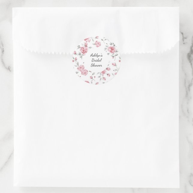 Pink Roses Floral Bridal Shower Classic Round Sticker (Bag)