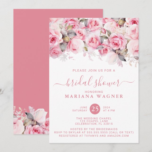Pink Roses Floral Bridal Shower Invitation (Front/Back)