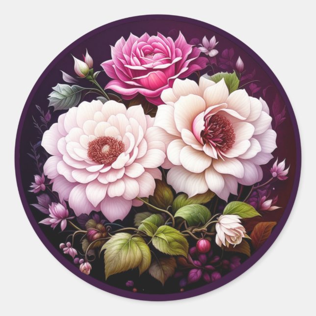 Pink Roses Floral  Classic Round Sticker (Front)