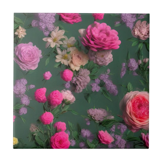  Pink Roses Floral Decorative Ceramic Tile (Front)