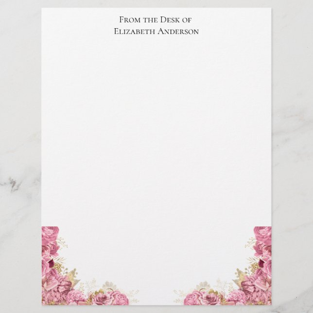Pink Roses Floral Elegant Personalized Letterhead (Front)