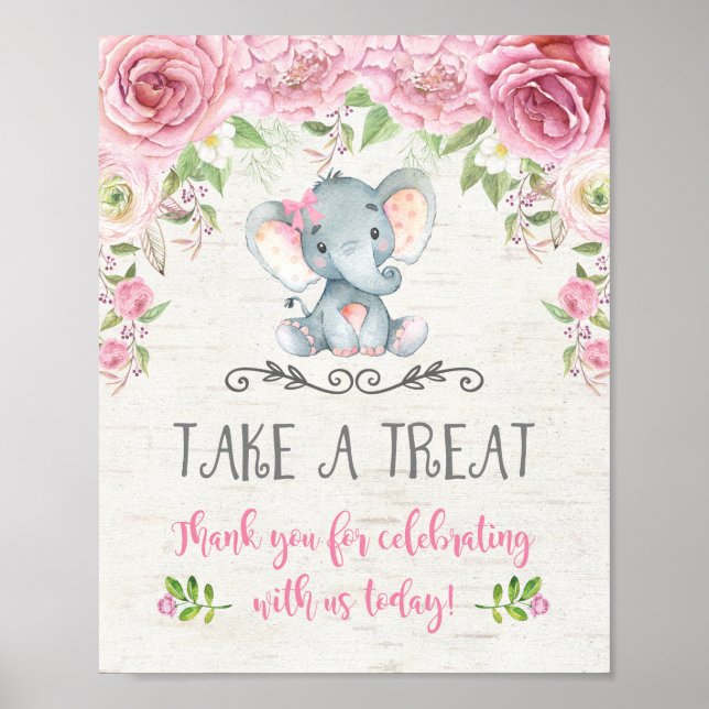 Pink Roses Floral Elephant Favours Sign Treat Sign (Front)