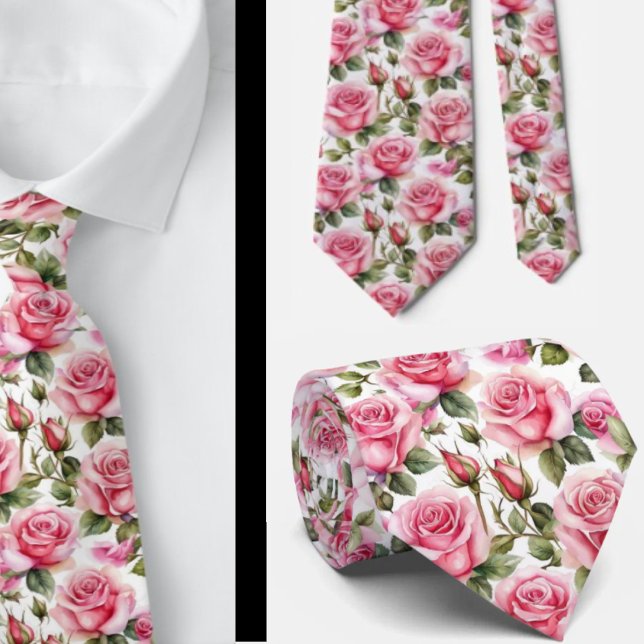 Pink Roses Floral Flowers Neck Tie Necktie (Creator Uploaded)