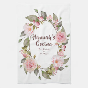 Pink Roses Floral Frame "Cocina" Kitchen Towel
