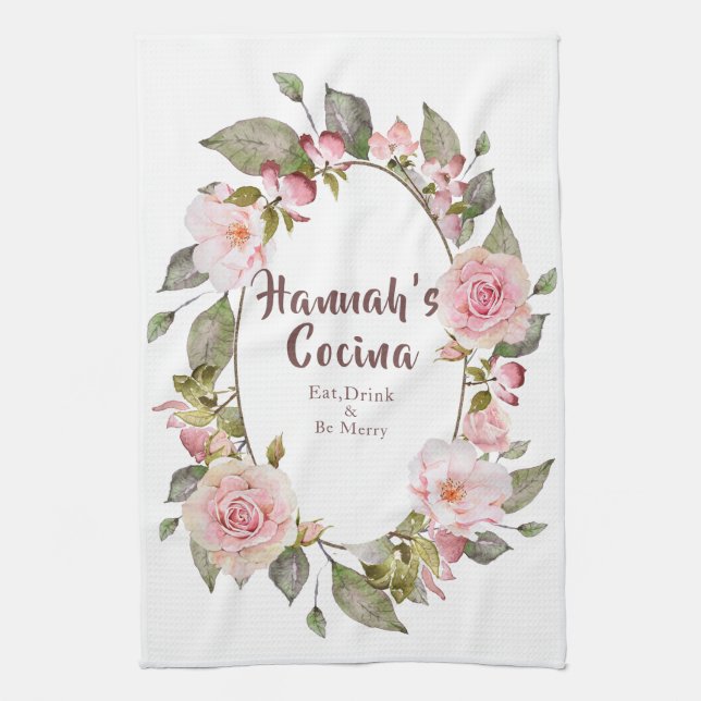 Pink Roses Floral Frame "Cocina" Kitchen Towel (Vertical)