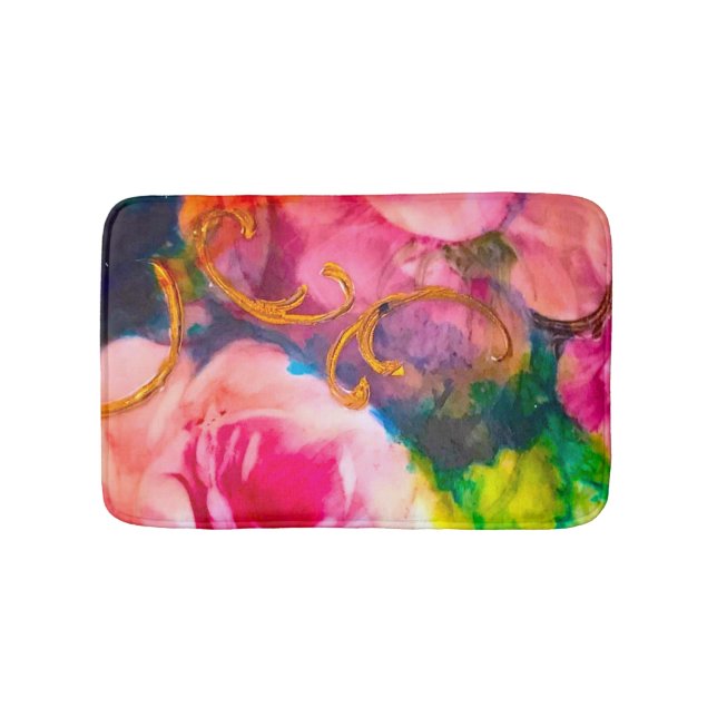 Pink Roses Floral Gold Bath Mat (Front)