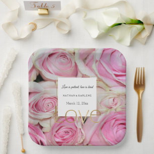 Pink Roses Floral Gold Love Wedding Paper Plate