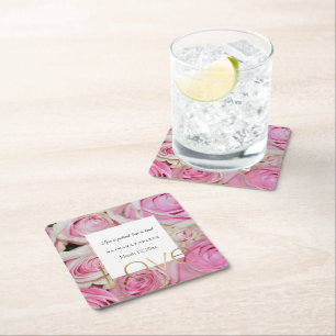 Pink Roses Floral Gold Love Wedding  Square Paper Coaster
