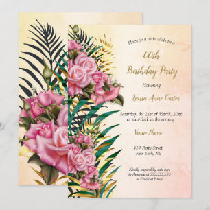 Pink Roses Floral Gold Palms Birthday Party Invitation