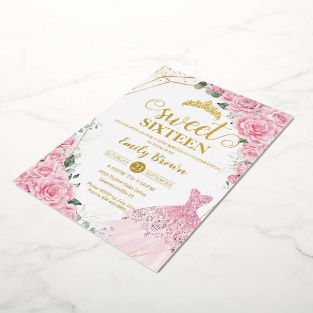 Pink Roses Floral Gold Princess Dress Sweet 16  (Rotated)