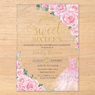 Pink Roses Floral Gold Princess Dress Sweet 16 Acrylic Invitations