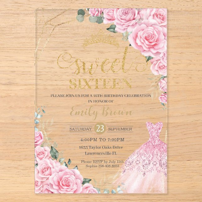 Pink Roses Floral Gold Princess Dress Sweet 16 Acrylic Invitations (Front)
