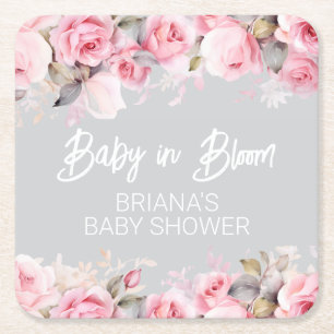 Pink Roses Floral Gray Girl Baby Shower Square Paper Coaster