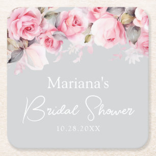 Pink Roses Floral Grey Square Paper Coaster
