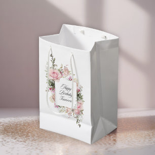 Pink Roses Floral Happy Birthday with Name Medium Gift Bag