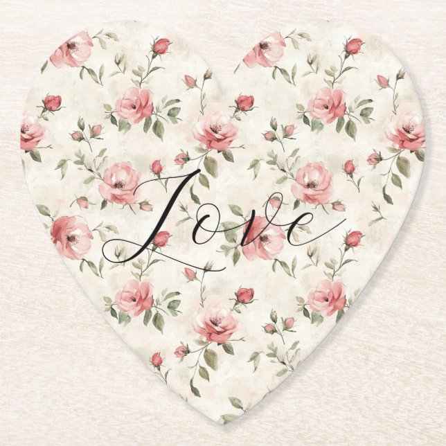 Pink Roses Floral Love Paper Coaster (Front)