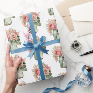 Pink Roses Floral Mason Jar Wrapping Paper