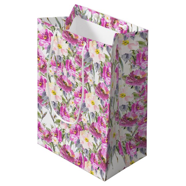 Pink Roses Floral Medium Gift Bag (Front Angled)