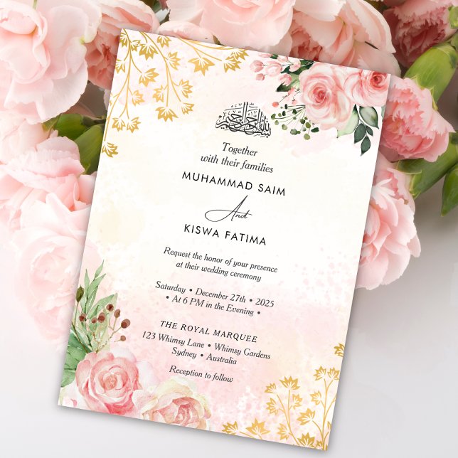 Pink Roses Floral Muslim Islamic Wedding  Invitation (Creator Uploaded)