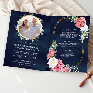 Pink Roses Floral Navy Blue Photo QR Code Wedding Invitation