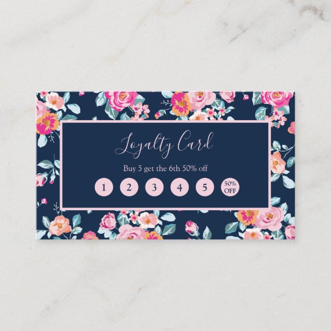 Pink Roses Floral On Navy Blue Loyalty Punch Card (Front)