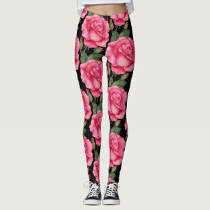 Pink Roses Floral Pattern Black Background Leggings