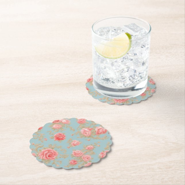 Pink Roses Floral Pattern Paper Coaster (Insitu)