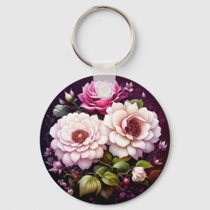 Pink Roses Floral Personalized Keychain