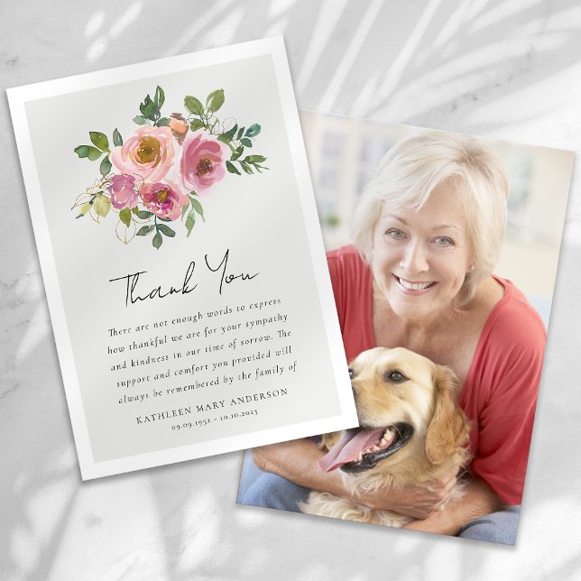 Pink Roses Floral Photo Sympathy Funeral Thank You Card (Creator Uploaded)
