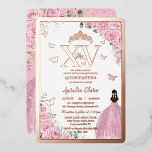 Pink Roses Floral Quinceanera Mis XV Rose Gold