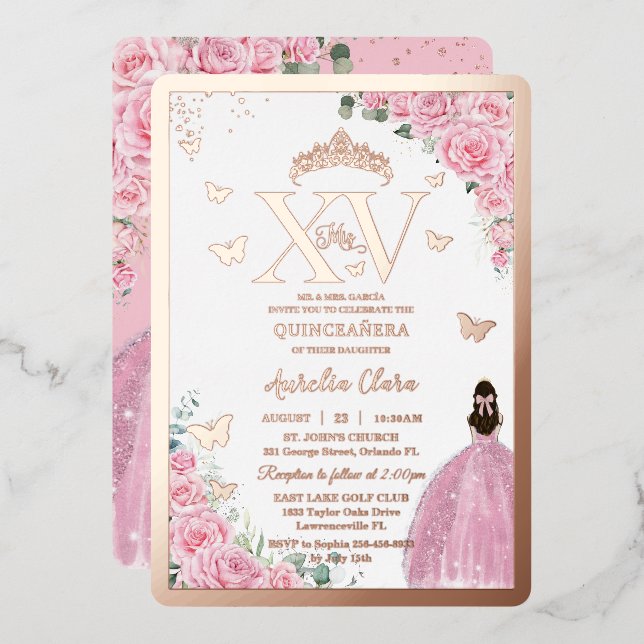 Pink Roses Floral Quinceanera Mis XV Rose Gold (Front/Back)