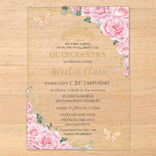 Pink Roses Floral Quinceanera Sweet 16 Butterflies Acrylic Invitations