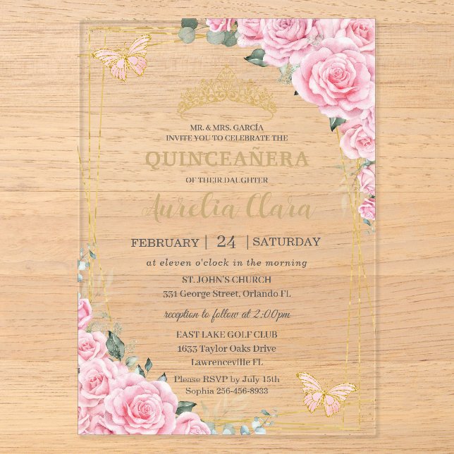 Pink Roses Floral Quinceanera Sweet 16 Butterflies Acrylic Invitations (Front)