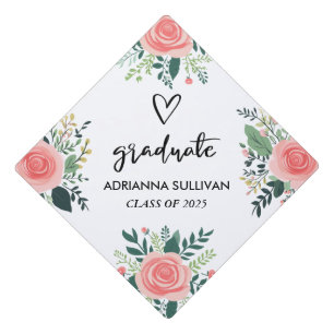 Pink Roses Floral   Script Graduate Cute Heart Graduation Cap Topper