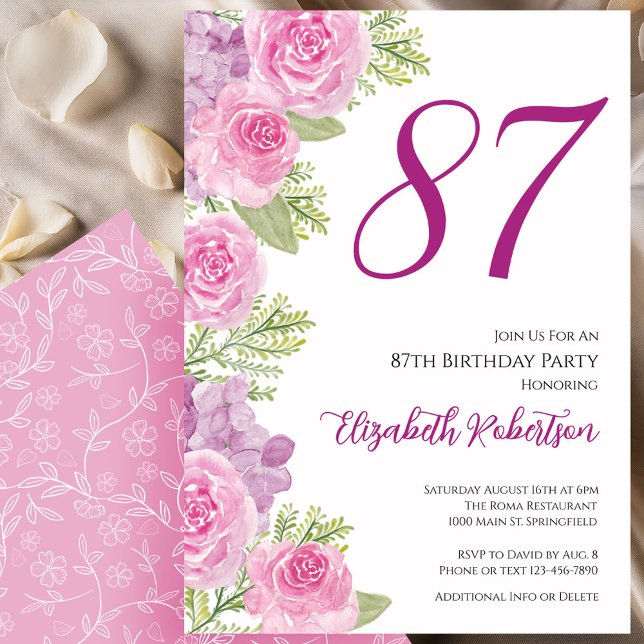Pink Roses Floral Template 87th Birthday (Creator Uploaded)