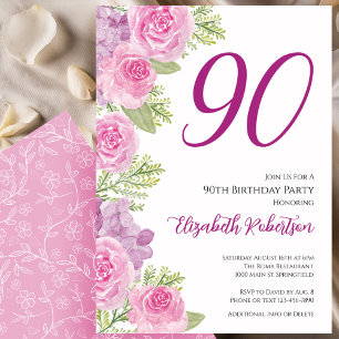 Pink Roses Floral Template 90th Birthday